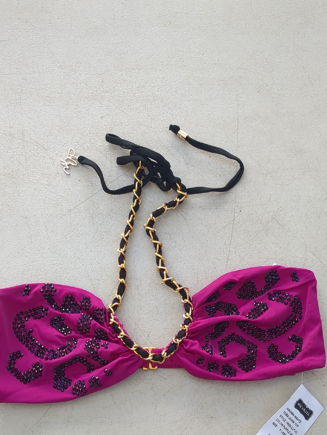 Nicolita Magenta Bandeau Bikini Top With Black Bead Accents And Gold Chain